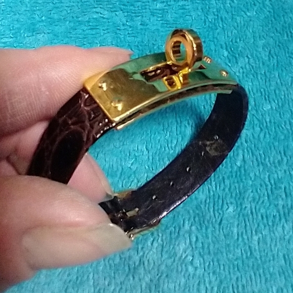 Goldtone and Brown Genuine Leather Bracelet With Place For Lock Or Charm - Picture 1 of 5